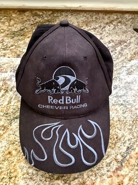 Red Bull Cheever Racing Black Cap with Embroidered Flame Design flames